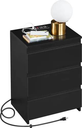 Vista 9 de Yaheetech - Mesita de noche con cajones, mesa auxiliar de cabecera con 3 cajones y base resistente, mesa de acento de madera con espacio de Negro