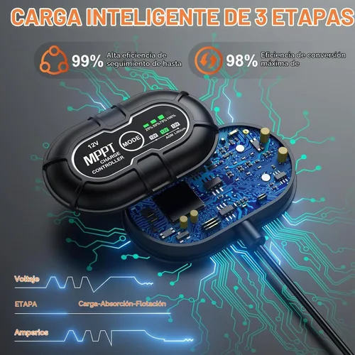 Vista 4 de Cargador y Mantenedor de Batería Solar Impermeable de 12V - Panel Solar Mono de 20 Vatios con Controlador de Carga MPPT Inteligente Integrado +