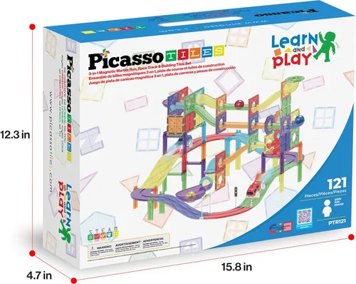 Vista 9 de PicassoTiles Juego de 121 azulejos magnéticos de pista de carreras de mármol 3 en 1, juego de construcción de carreras de automóviles, aprendizaje