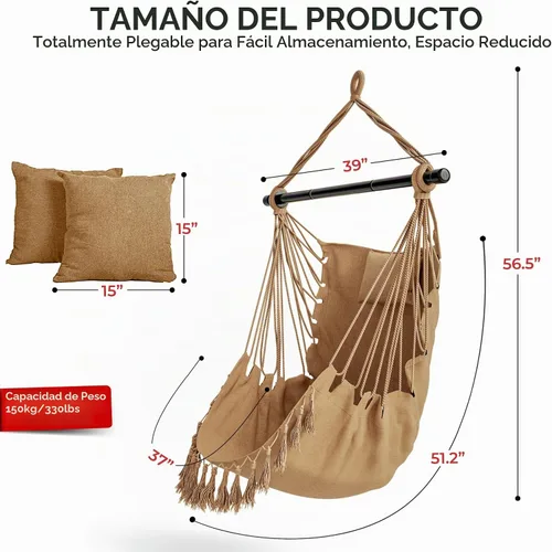 Vista 8 de Giantex Silla colgante hamaca columpio – con barra colgante de acero resistente, cómoda almohada para reposacabezas, 2 cojines, columpio de macramé