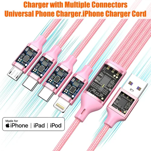 Vista 4 de Cable de carga múltiple de 4 pies, paquete de 2 cables de carga Doub Tyep-C 4 en 1, de nailon trenzado, cargador Lightning para iPhone, cable
