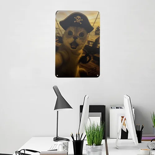 Vista 2 de Ydeaom - Divertido arte de pared de metal con diseño de gato, letrero de hojalata vintage con marco retro, póster de animales caprichosos para bar