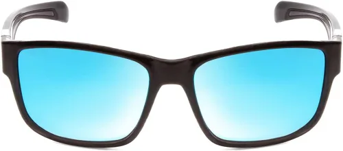 Vista 2 de Coyote Bluefin - Gafas de sol polarizadas unisex, color negro brillante, gris y azul, 2.165 in, Marco gris a rayas negras brillante/lente azul espejo
