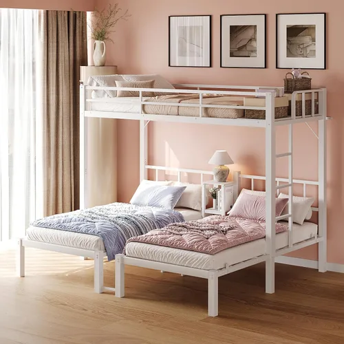 Vista 12 de Bonnlo Litera individual sobre individual para niños, adolescentes y adultos, cama resistente de 2 pisos con escalera plana y barandilla de 13
