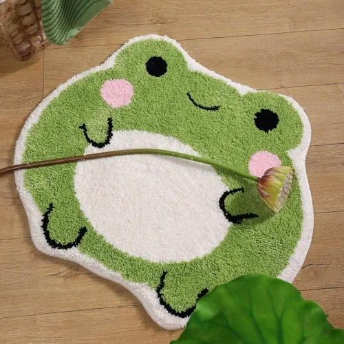 Vista 4 de Panstar Bonita alfombra de baño de rana antideslizante, alfombra de ducha peluda absorbente de lujo, divertida decoración de baño lavable