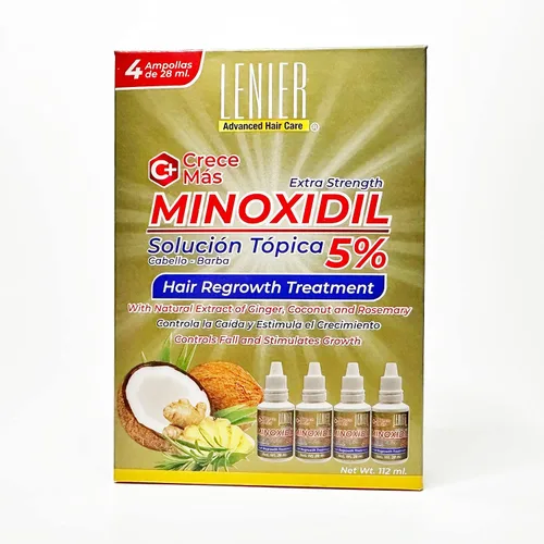 Vista 3 de Lenier Crece Mas Tratamiento de Regreso del Cabello (Solución Tópica) con Minoxidil 5% Pack de 4 (0.9 fl oz cada uno)