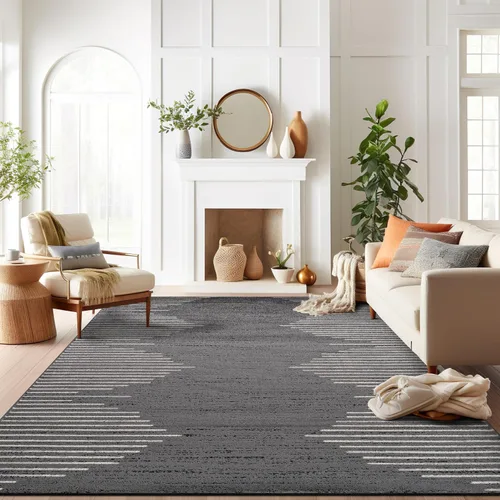 Vista 16 de Rugshop Alfombra bohemia a rayas resistente a las manchas, color beige, 2 x 7 pies
