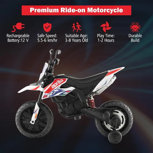 Vista 3 de INFANS Motocicleta para niños de 12 V, con licencia Aprilia RX125, motocicleta de montar para niños pequeños con ruedas de entrenamiento, suspensión
