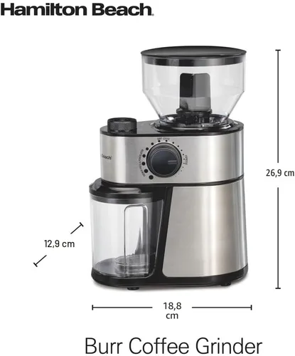 Vista 8 de Hamilton Beach Molinillo de café eléctrico con tolva grande de 16 onzas y 18 ajustes para 2-14 tazas, acero inoxidable (80385)