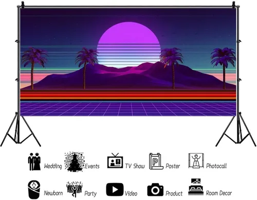 Vista 3 de Renaiss Pancarta retro futurista de 6 x 3 pies con diseño de cibermundo cibernético retrowave estilo de los años 80, paisaje digital, fotografía