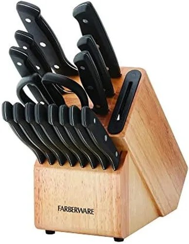 Vista 9 de Farberware EdgeKeeper - Juego de cuchillos de cocina de acero inoxidable estampado con bloque autoafilable, asas ergonómicas, se recomienda lavar a