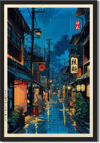 Vista 13 de Póster de arte de pared de casa de té japonesa de Tokio, arte callejero nocturno de Kioto, impresión en lienzo, ilustración retro japonesa