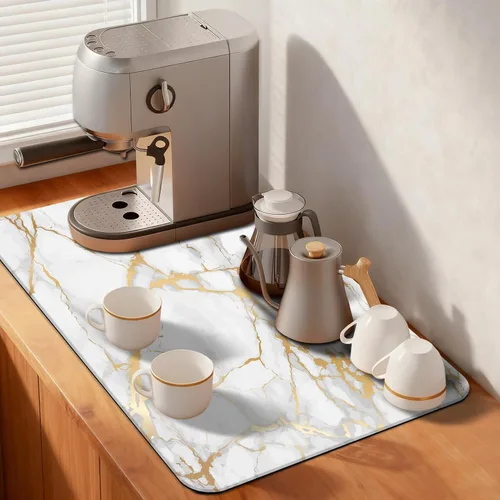 Vista 8 de MCALK Tapete de secado de platos negro mármol para encimera de cocina, almohadilla de secado de platos dorada con base de goma antideslizante