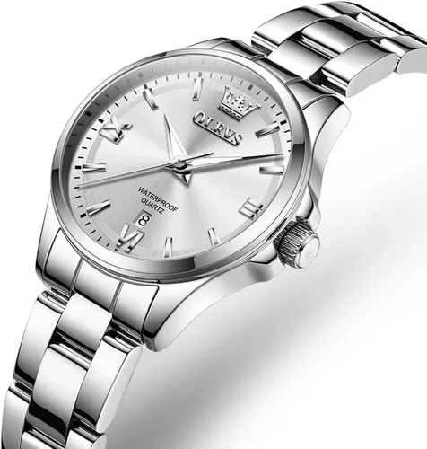 Vista 2 de OLEVS Reloj de pulsera para mujer, elegante, con diamantes, analógico, de cuarzo, de dos tonos, de acero inoxidable, impermeable, luminoso