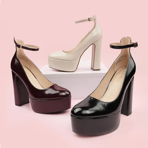Vista 5 de JENN ARDOR Tacones de plataforma para mujer, tacón grueso, punta cerrada, tacón alto, correa de tobillo