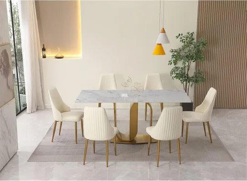 Vista 7 de Juego de mesa de comedor moderno de 71 pulgadas para 6, mesa de cocina rectangular con 6 sillas de comedor tapizadas, juego de mesa de comedor