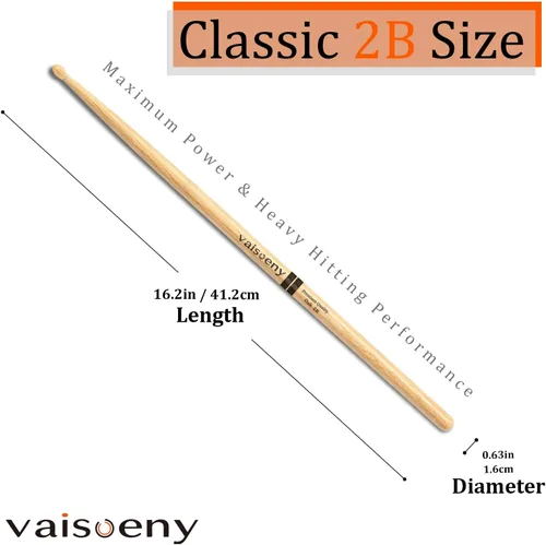 Vista 2 de Baquetas de madera de roble 2B con punta ovalada, 12 pares Durable Heavy Oak Drumsticks for Drums. Classic 2B Size for Metal & Hard rock