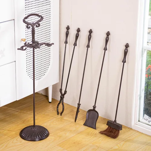 Vista 3 de Sungmor Juego de herramientas de chimenea de hierro fundido resistente, 5 herramientas de fuego con soporte, accesorios de chimenea para estufa
