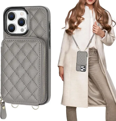 Vista 9 de Bocasal Funda tipo cartera cruzada para iPhone 15 Pro Max, con bloqueo RFID, de piel sintética, con cremallera, funda tipo cartera con función atril