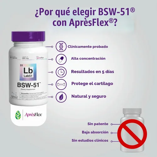 Vista 6 de Boswellia Serrata AprèsFlex® Advanced Joint Support - BSW-51 con ácido hialurónico, colágeno tipo II y piperina - 30 cápsulas, 860 mg cada una