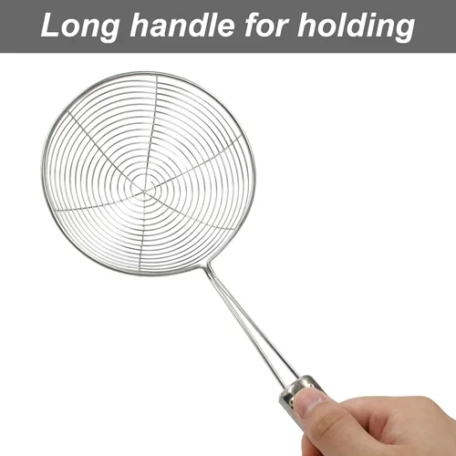 Vista 4 de Colador de araña de acero inoxidable de 4.7 pulgadas para freír y cocinar, cuchara asiática con mango largo, 11.8 pulgadas de largo