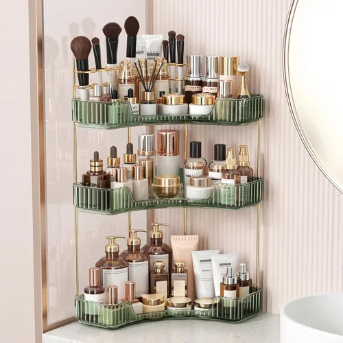 Vista 8 de BEFSOP Organizador de esquina para mostrador de baño, organizador de maquillaje mejorado de 2 niveles con soporte para brochas de maquillaje
