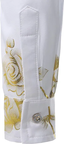 Vista 6 de ZEROYAA Camisas de vestir de manga larga con botones y estampado floral de rosas doradas 3D para hombre
