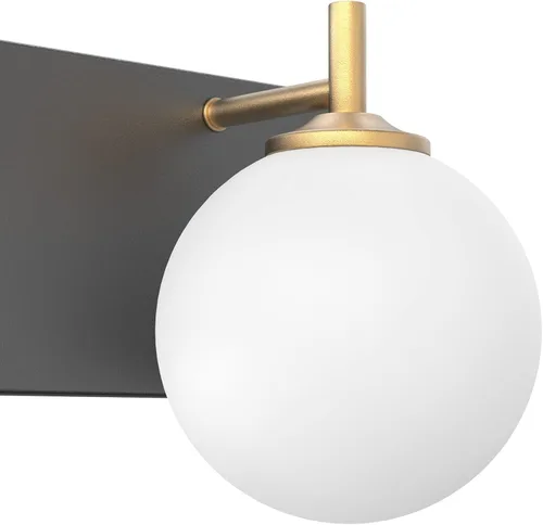 Vista 8 de Aipsun Lámpara de tocador de baño moderna de mediados de siglo, 3 luces, pantallas de vidrio blanco lechoso, lámpara de baño negro/dorado