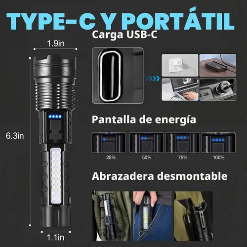 Vista 6 de Linternas Recargables de Alto Lumen, Linterna Recargable de 7 Modos, Linterna LED Súper Brillante con Luz Táctica Ajustable, Linterna de Mano