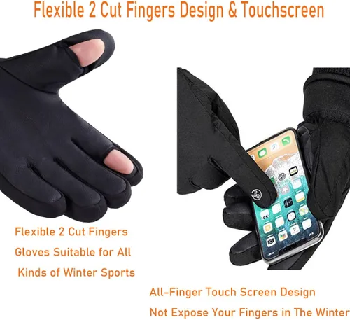 Vista 3 de LJCUTE Winter Fingerless Fishing Gloves for Men Women, Water Repellent & Windproof Cold Weather Touchscreen Snow & Ski Gloves for Motorcycle Skiing