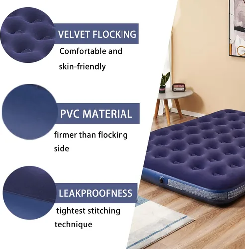 Vista 2 de Colchón inflable de tamaño matrimonial con bomba y almohadas, colchón inflable para camping y hogar