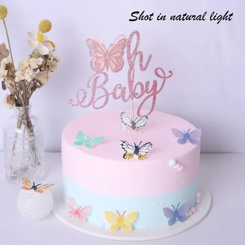 Vista 6 de Rsstarxi 1 paquete de decoración de pastel de mariposa Oh Baby con purpurina para baby shower, decoración de pastel de mariposa para revelación