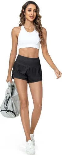 Vista 5 de GYM RAINBOW Pantalones cortos deportivos de cintura alta para mujer, ligeros, de secado rápido, para entrenamiento, gimnasio, correr, con bolsillos