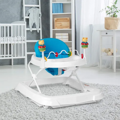 Vista 2 de HONEY JOY Andador de bebé, juguete plegable para empujar sentado y caminar detrás con ruedas, piano interactivo y pedantes, altura y velocidad Azul