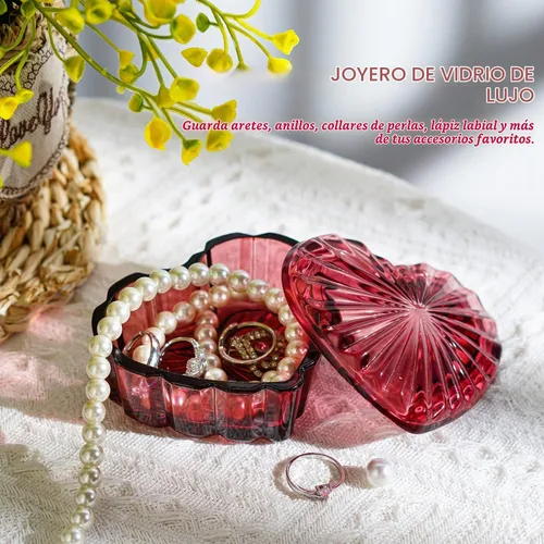 Vista 3 de Joyero en forma de corazón de cristal, caja decorativa de cristal con tapa Borgoña
