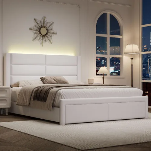 Vista 14 de Base de cama individual con cabecero tapizado y luces LED, moderno marco de cama de piel sintética con soporte de listones de madera y base
