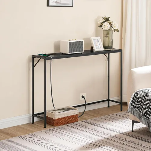 Vista 4 de MAHANCRIS Mesa consola, mesa de sofá estrecha, mesa de entrada de 43.3 pulgadas con estación de energía, mesa detrás del sofá, estilo simple