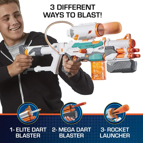 Vista 5 de Nerf Modulus Tri-Strike Blaster, Cañón Mega, Lanzacohetes, Cargador, 1 Cohete, Juegos al Aire Libre para Niños (Exclusivo de Amazon)