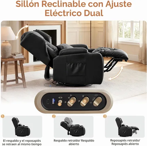 Vista 4 de URRED Silla reclinable giratoria eléctrica con masaje y calor, juego de 1 Negro