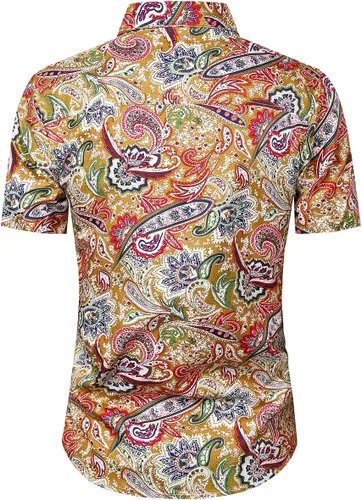 Vista 2 de QZH.DUAO Camisas de lino de discoteca de los años 70 para hombre, estilo casual, estampado de cachemira, floral, vintage, de manga larga y camisa