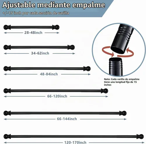 Vista 2 de Barras de cortina negras para ventanas de 66 a 120 pulgadas, barra de metal resistente de 1 pulgada para cortinas y cortinas, barras de cortina
