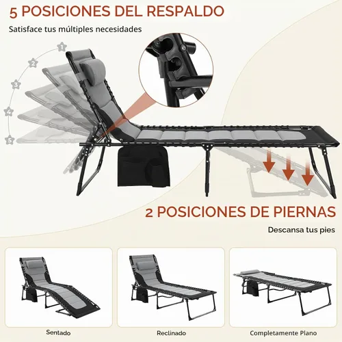 Vista 5 de TLSUNNY Sillón plegable acolchado con almohada y bolsillo lateral Negro- gris