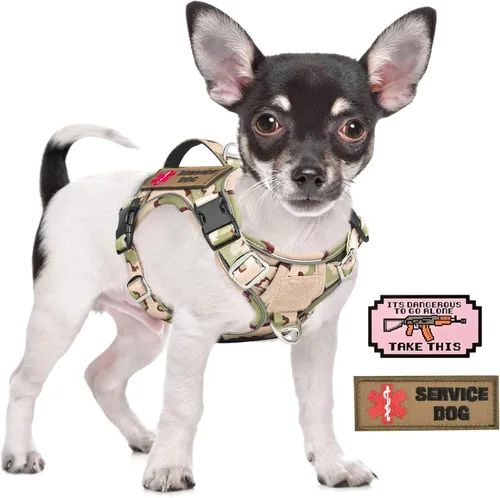 Vista 8 de Arnés táctico XS para perro, chaleco de servicio militar para perro con mango vertical, chaleco para cachorros pequeños sin tirones para Negro