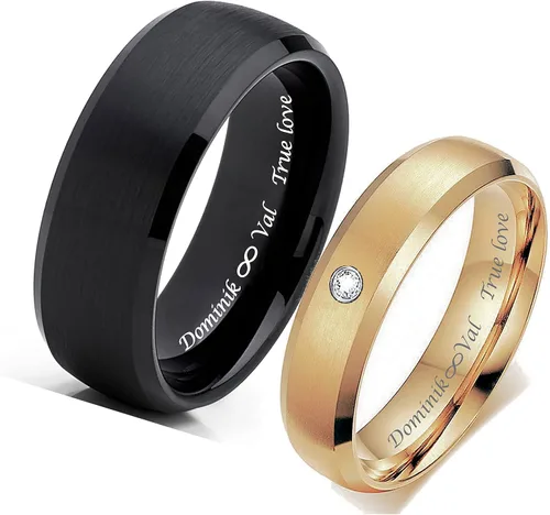 Vista 3 de Anillo de boda de tungsteno dorado y negro personalizado para parejas, juego de 2 grabados personalizados gratis - Se envía desde Estados Unidos