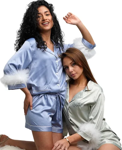 Vista 5 de Pijamas de plumas personalizadas para mujer, plumas extraíbles, conjunto de pijama de dama de honor, conjuntos de pijama de dos piezas