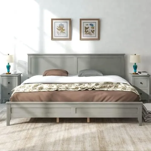 Vista 9 de anwickjeff Base de cama de tamaño matrimonial con cabecero y estribo, cama de plataforma de madera maciza blanca de estilo conciso moderno