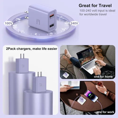 Vista 5 de [Paquete de 4] Cargador de pared USB-C, adaptador de corriente QC 3.0 de doble puerto de 30 W, bloque de carga rápida de doble enchufe compatible