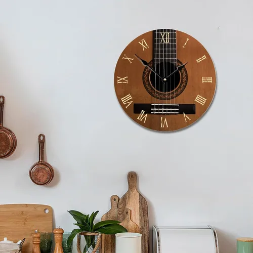 Vista 6 de Reloj de pared con aspecto de madera natural, reloj de pared de guitarra acústica, silencioso, redondo, de madera, funciona con pilas, reloj
