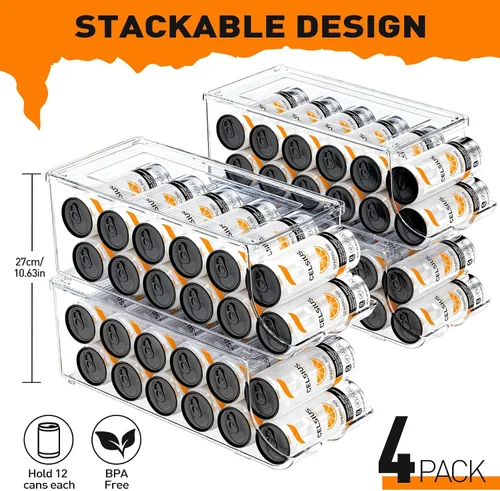 Vista 2 de SCAVATA Paquete de 4 organizadores de latas delgadas para refrigerador, dispensador de latas de soda alto y delgado apilable con tapa para nevera