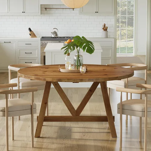 Vista 5 de Mesa de comedor de madera maciza de 47 pulgadas para 4-6, mesa de cocina redonda de granja con patas de madera resistentes, mesas de comedor